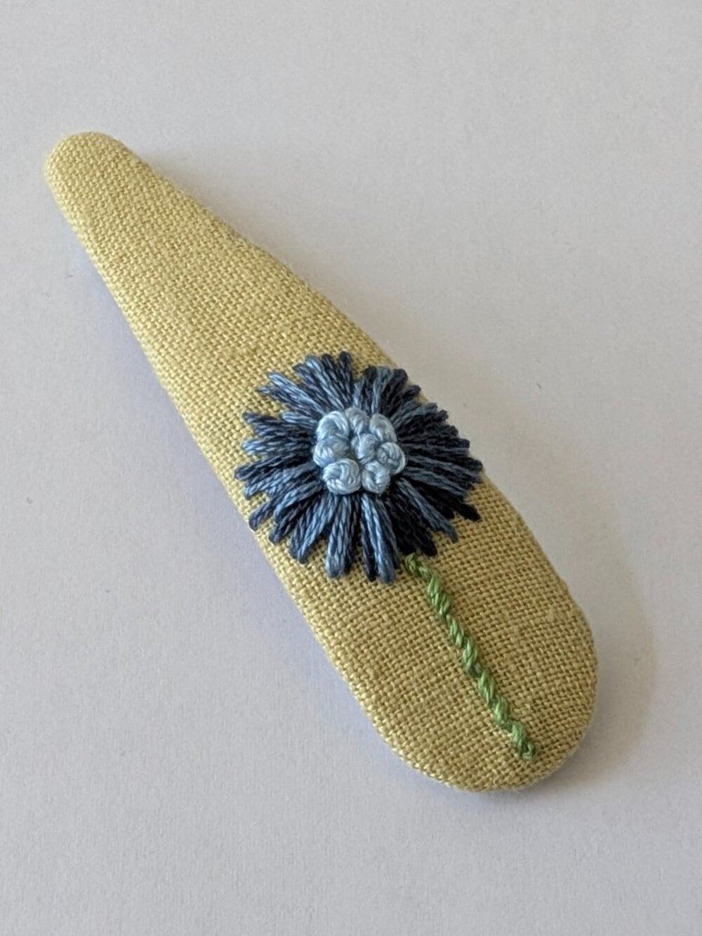 New Blue Daisy Flower hand embroidered linen cotton large handmade hair clip